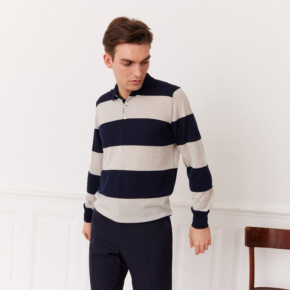 Pull À Col Polo En Laine Mérinos Extrafine À Rayures