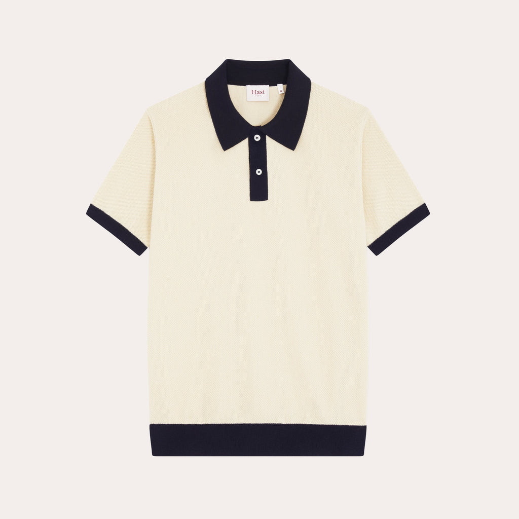 Polo En Maille Nid D'Abeille Écru Et Marine