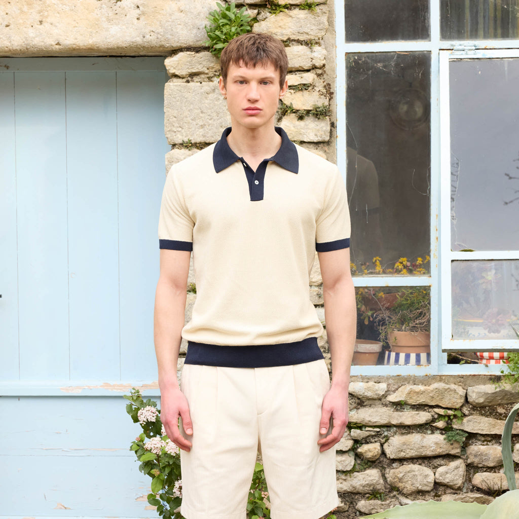 Polo En Maille Nid D'Abeille Écru Et Marine