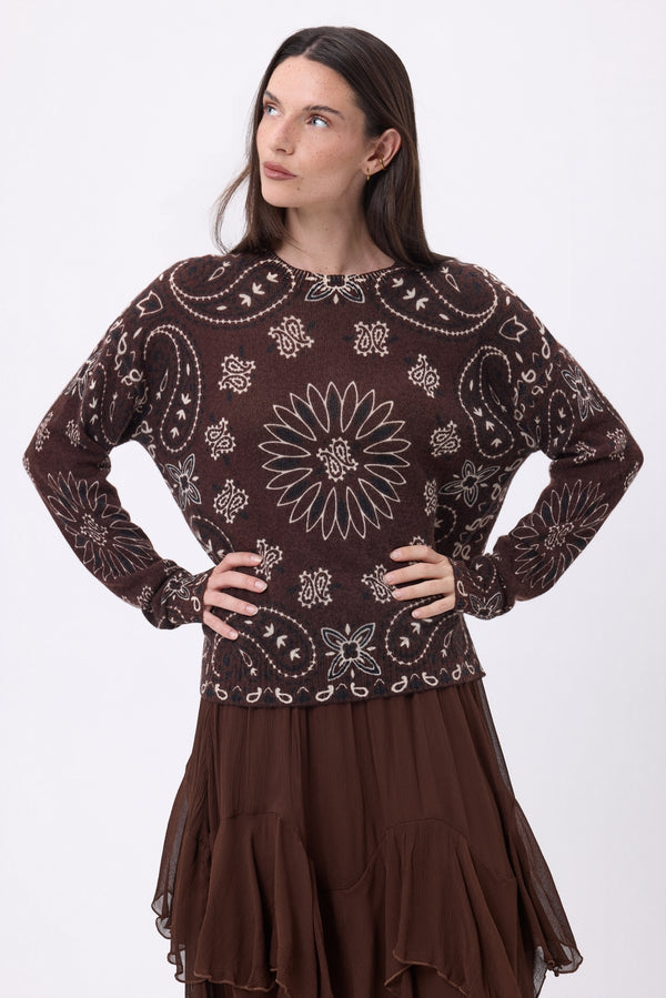 Pull Col Rond Print Bandana Presley - Brown Imprime Blanc Noir - Femme - 100% Cachemire