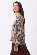 Jersey de cuello redondo con estampado bandana Presley - Beige crema estampado negro - Mujer