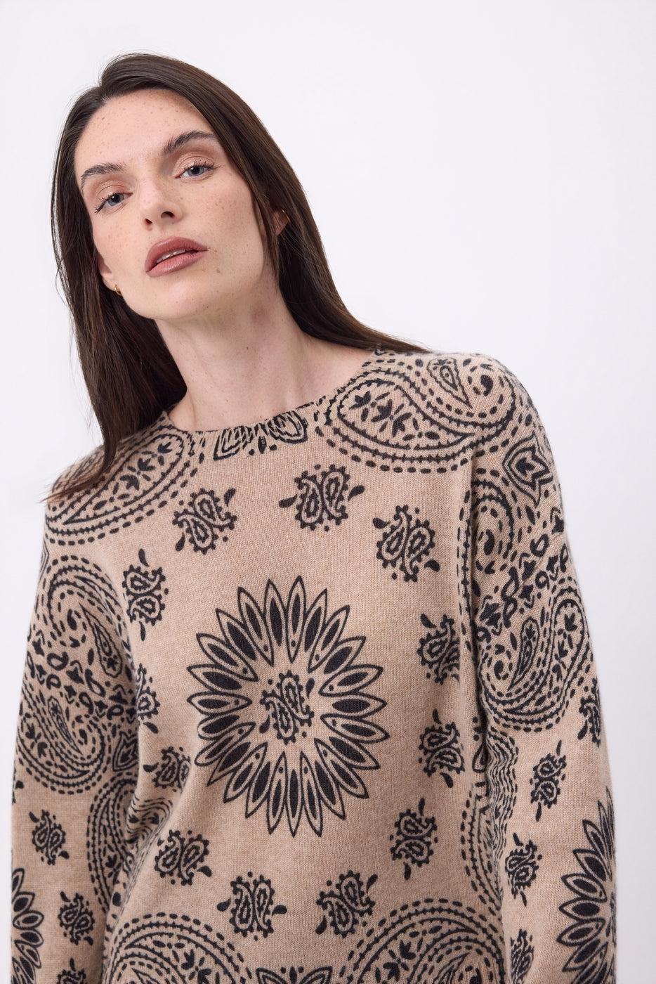 Jersey de cuello redondo con estampado bandana Presley - Beige crema estampado negro - Mujer