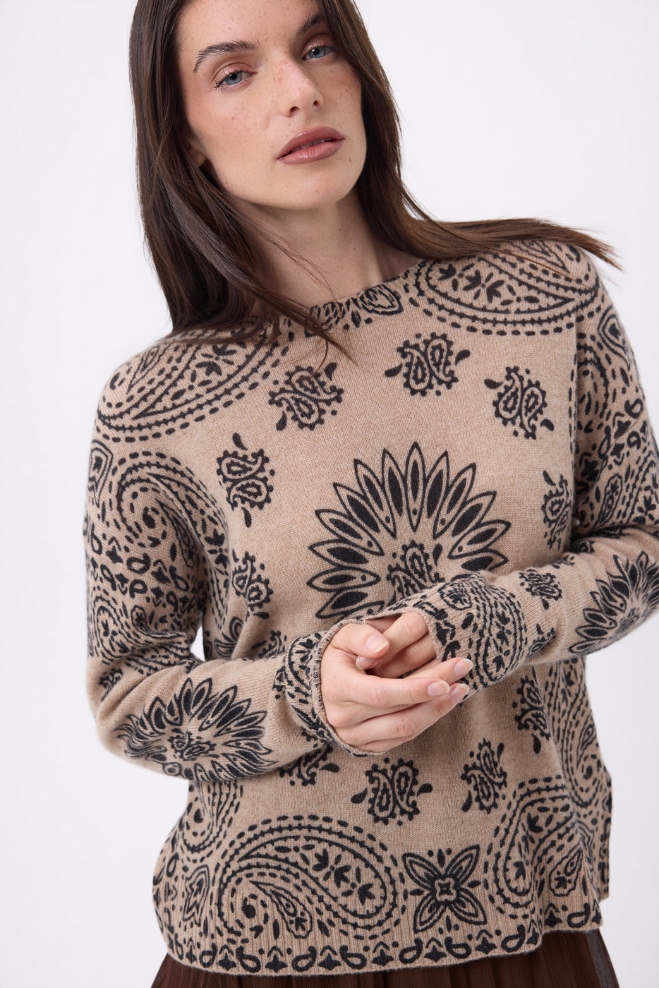 Jersey de cuello redondo con estampado bandana Presley - Beige crema estampado negro - Mujer