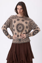 Jersey de cuello redondo con estampado bandana Presley - Beige crema estampado negro - Mujer