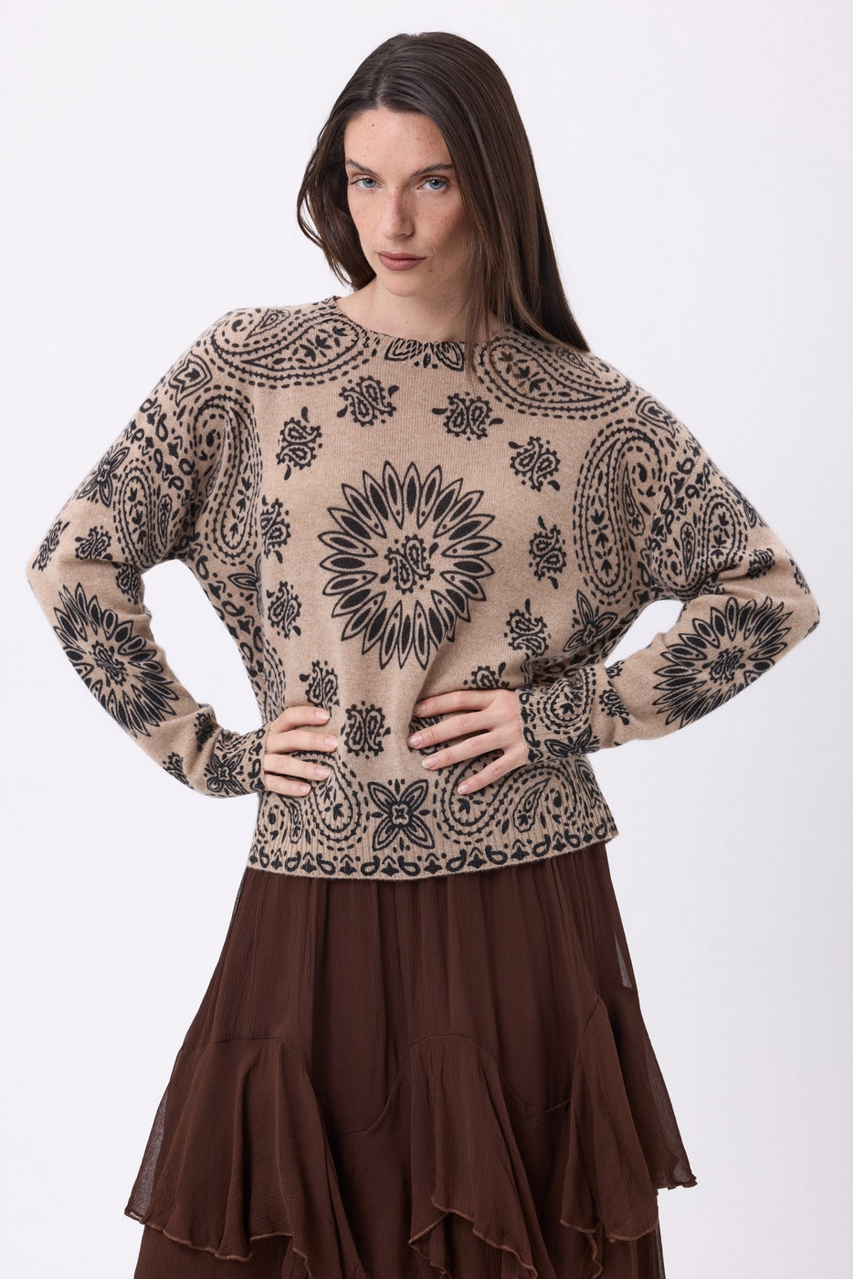 Jersey de cuello redondo con estampado bandana Presley - Beige crema estampado negro - Mujer