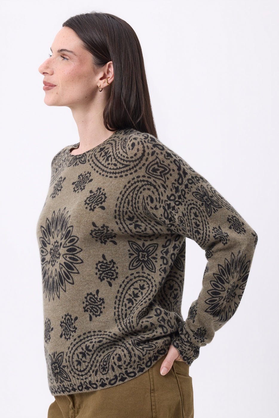 Jersey de cuello redondo con estampado Bandana Presley - Caqui jaspeado estampado negro - Mujer