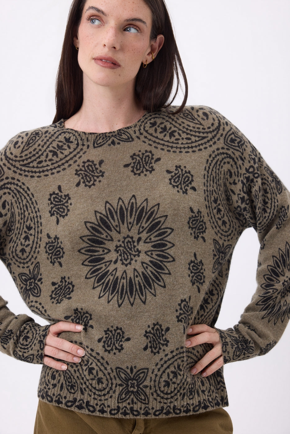 Jersey de cuello redondo con estampado Bandana Presley - Caqui jaspeado estampado negro - Mujer