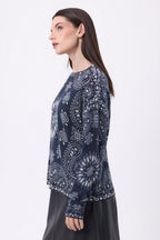 Jersey de cuello redondo con estampado bandana Presley - Azul marino estampado blanco - Mujer