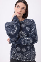 Jersey de cuello redondo con estampado bandana Presley - Azul marino estampado blanco - Mujer
