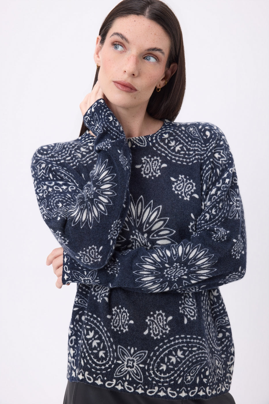 Jersey de cuello redondo con estampado bandana Presley - Azul marino estampado blanco - Mujer