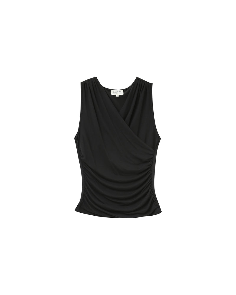 Top sin mangas drapeado negro transparente