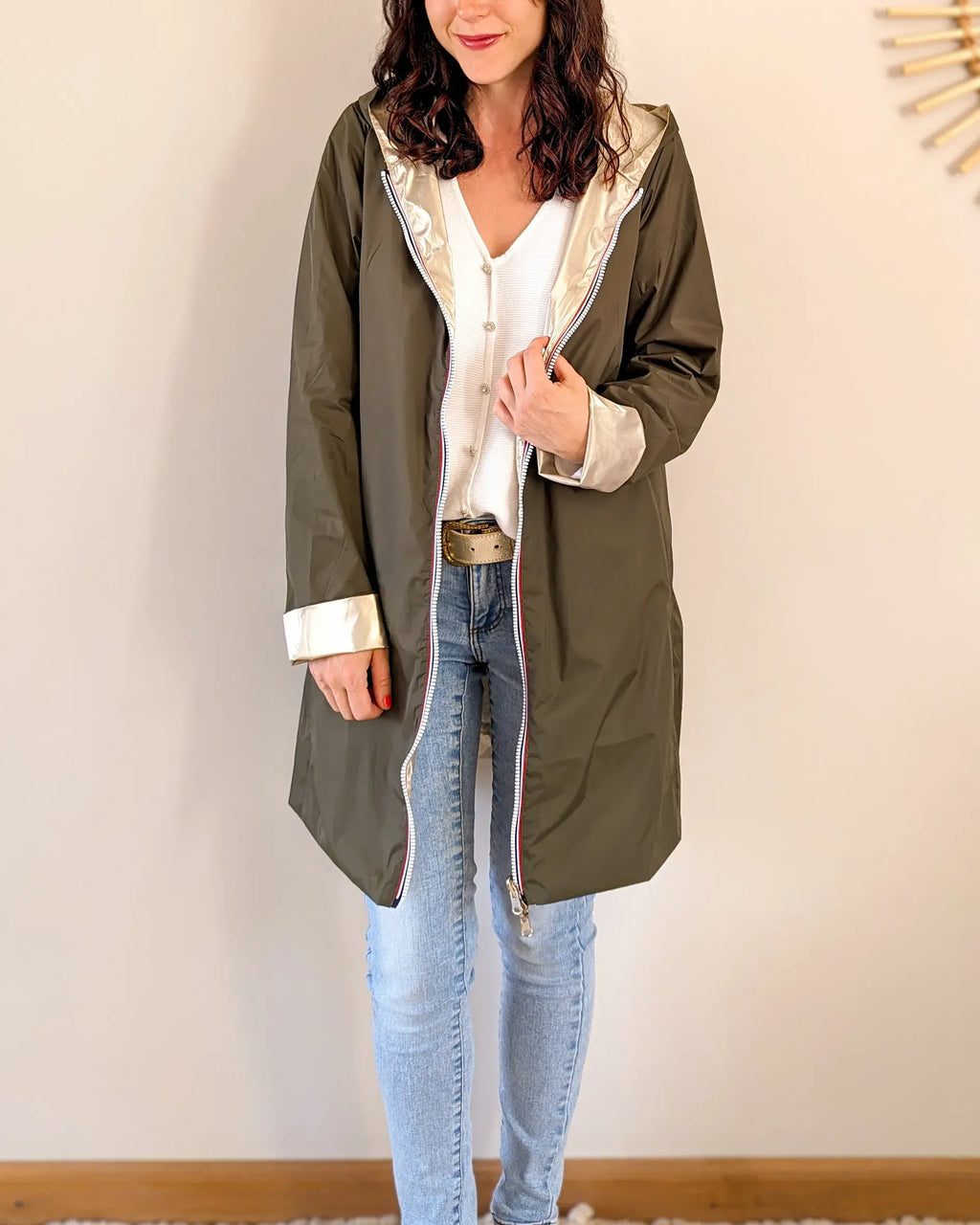 Long Elena Raincoat - Khaki/Gold