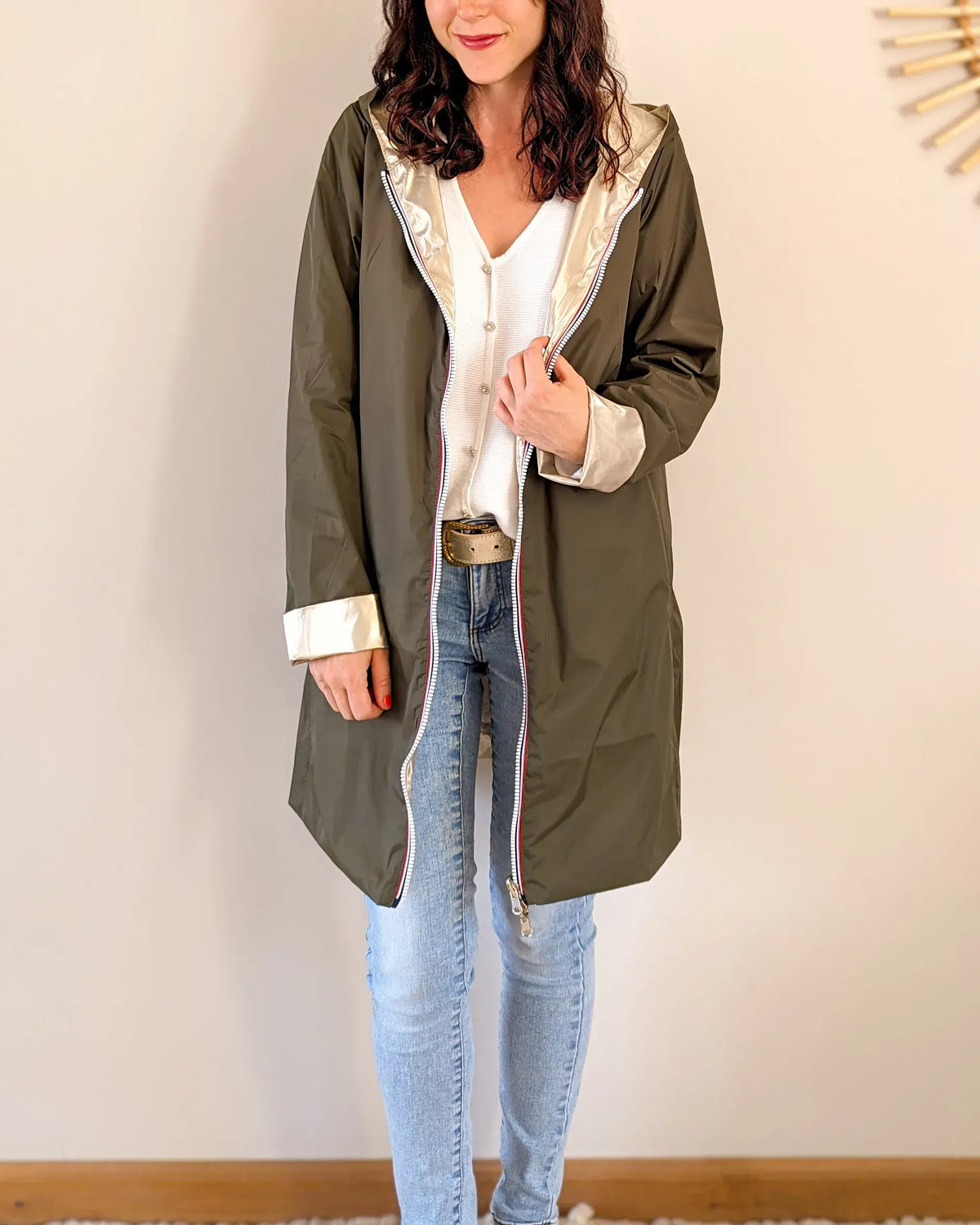 Long Elena Raincoat - Khaki/Gold