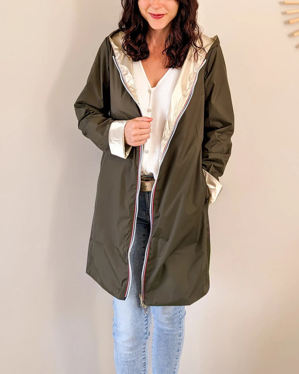 Long Elena Raincoat - Khaki/Gold