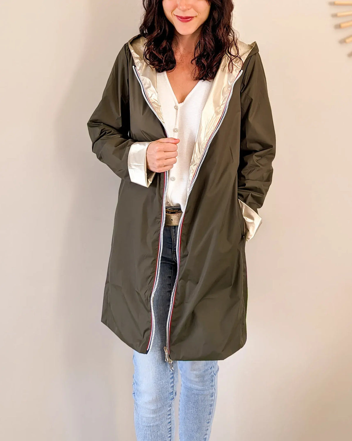 Long Elena Raincoat - Khaki/Gold