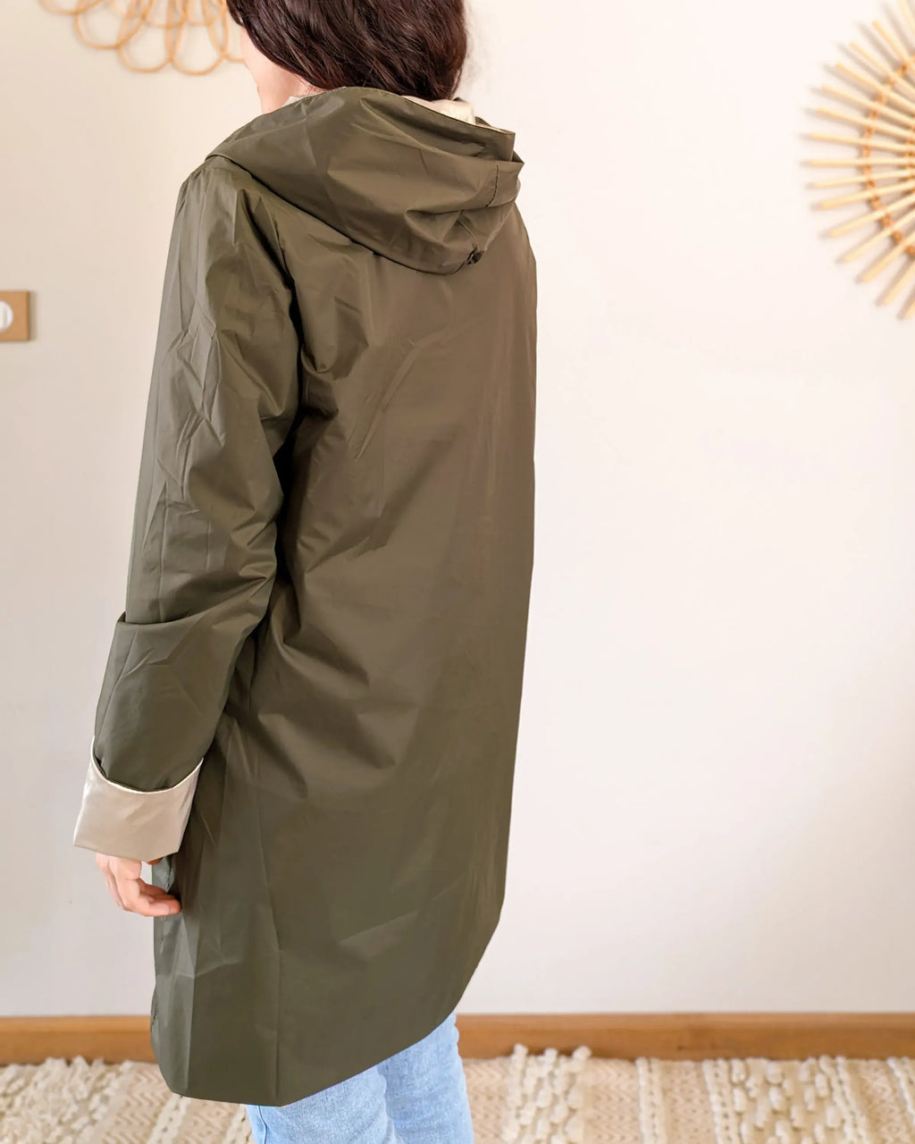 Long Elena Raincoat - Khaki/Gold