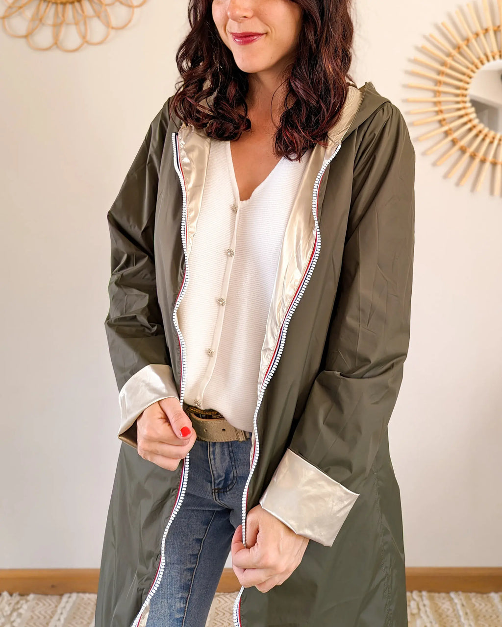 Long Elena Raincoat - Khaki/Gold