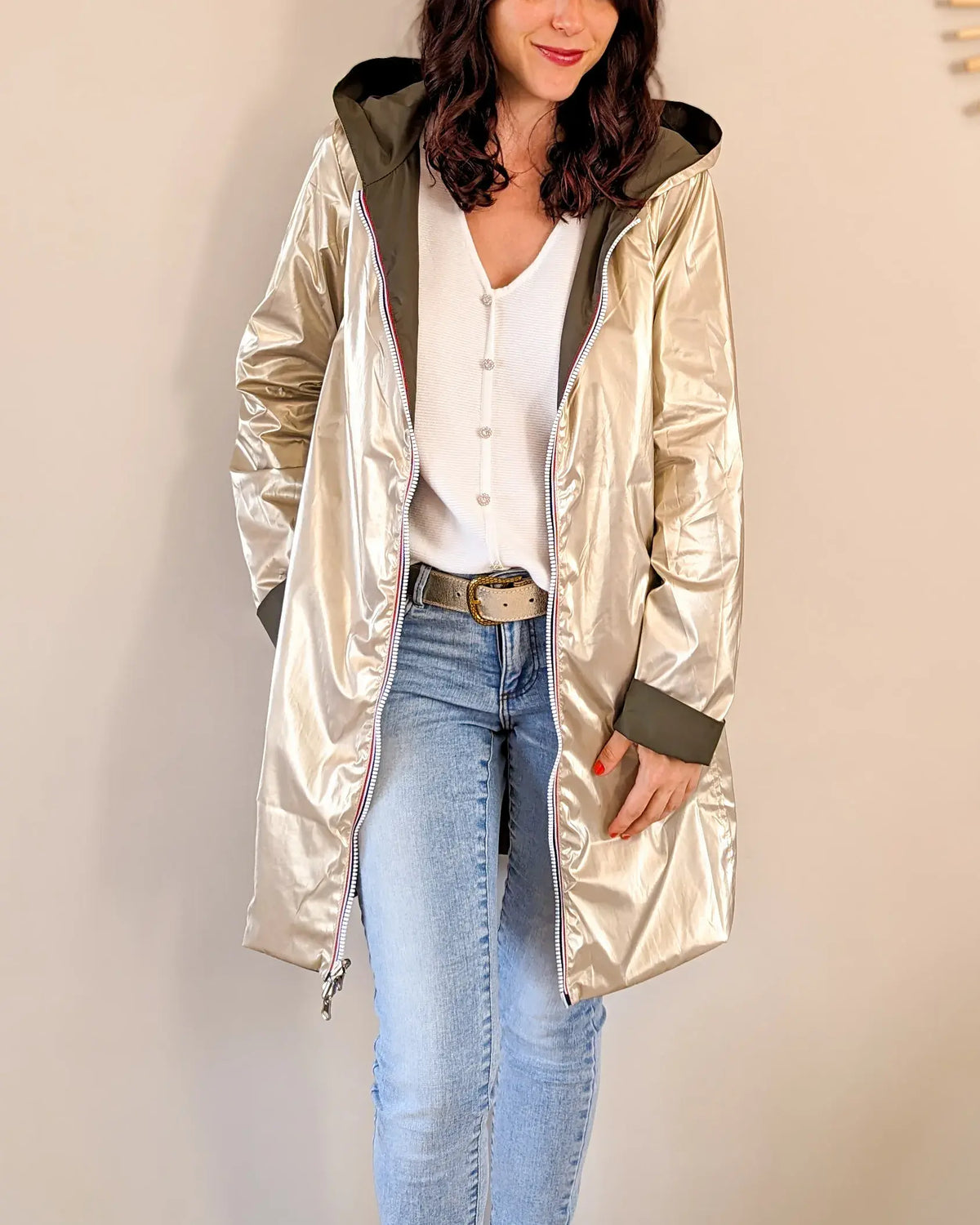 Long Elena Raincoat - Khaki/Gold