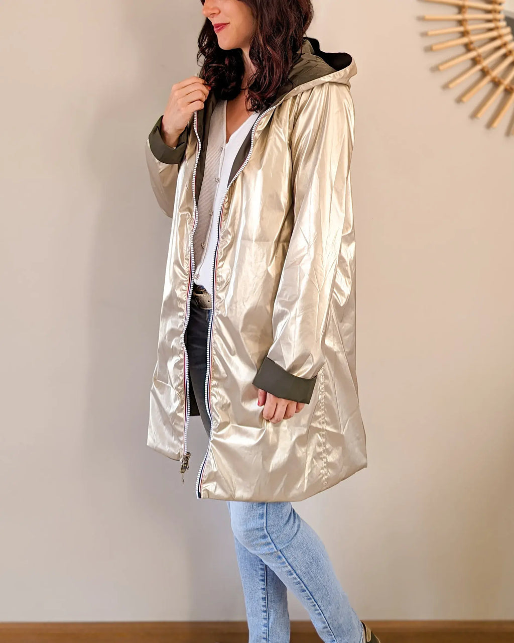 Long Elena Raincoat - Khaki/Gold