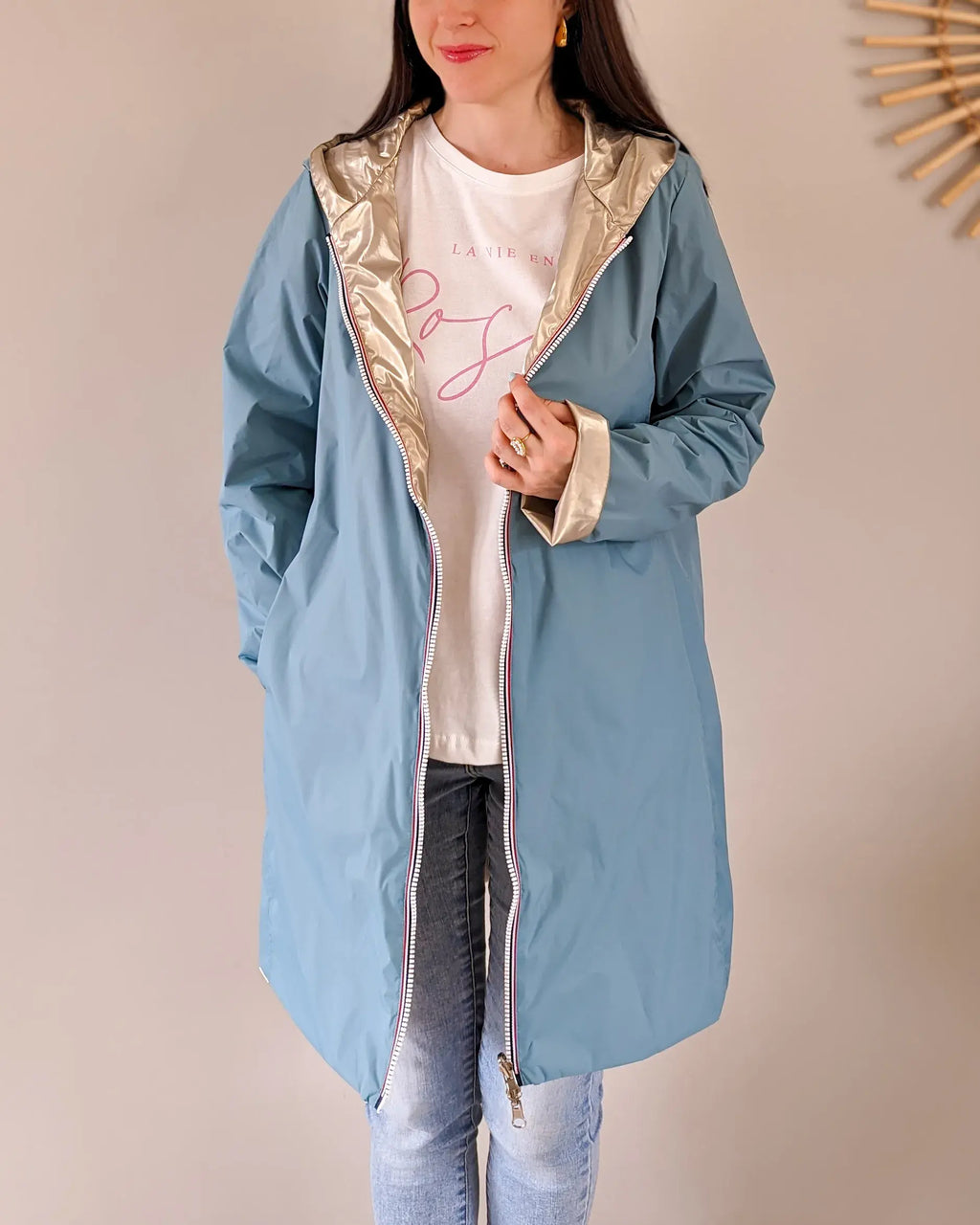 Long Elena Raincoat - Sky Blue/Gold