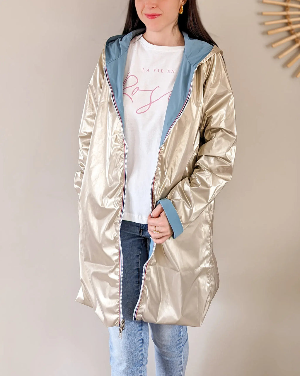 Long Elena Raincoat - Sky Blue/Gold