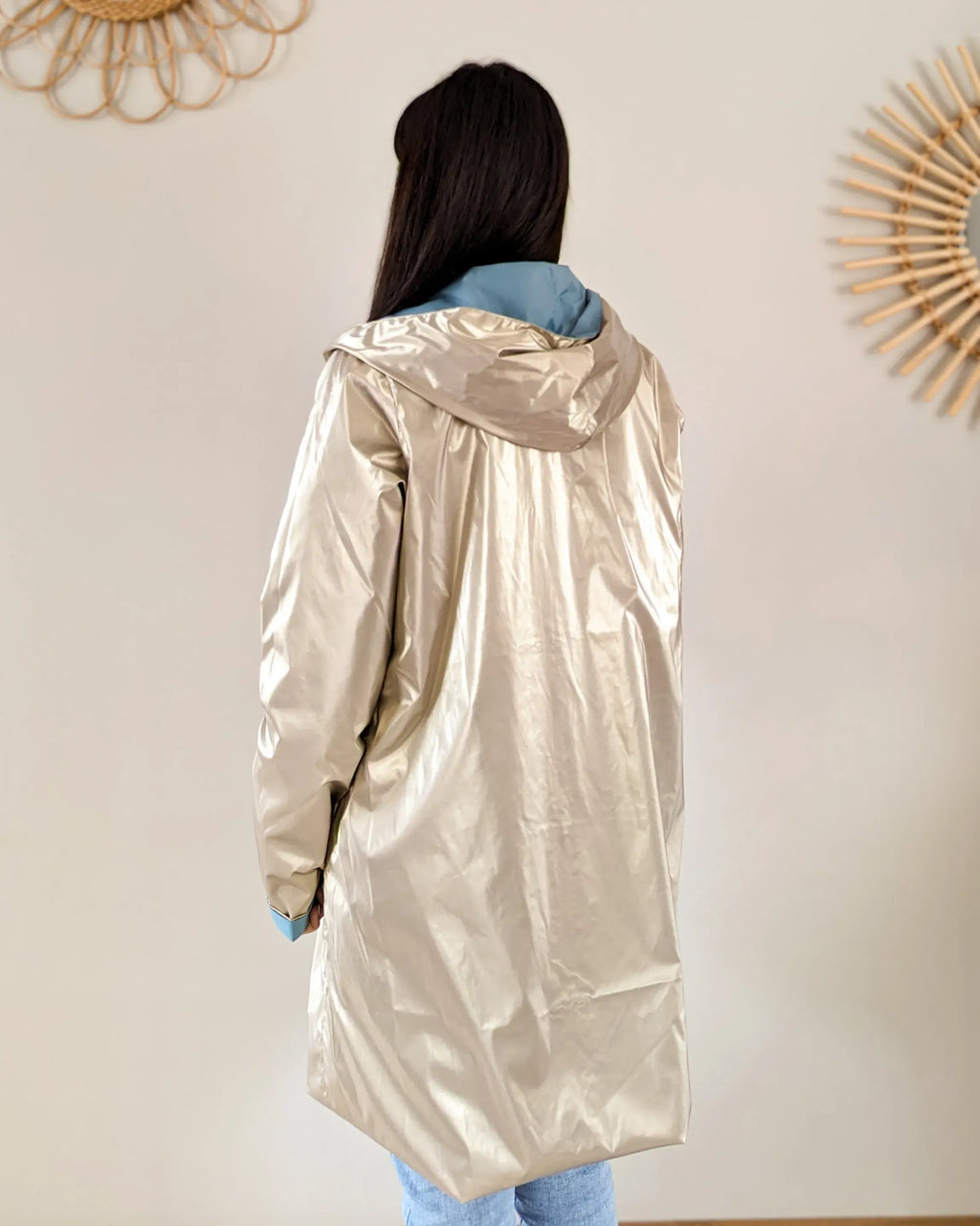 Long Elena Raincoat - Sky Blue/Gold