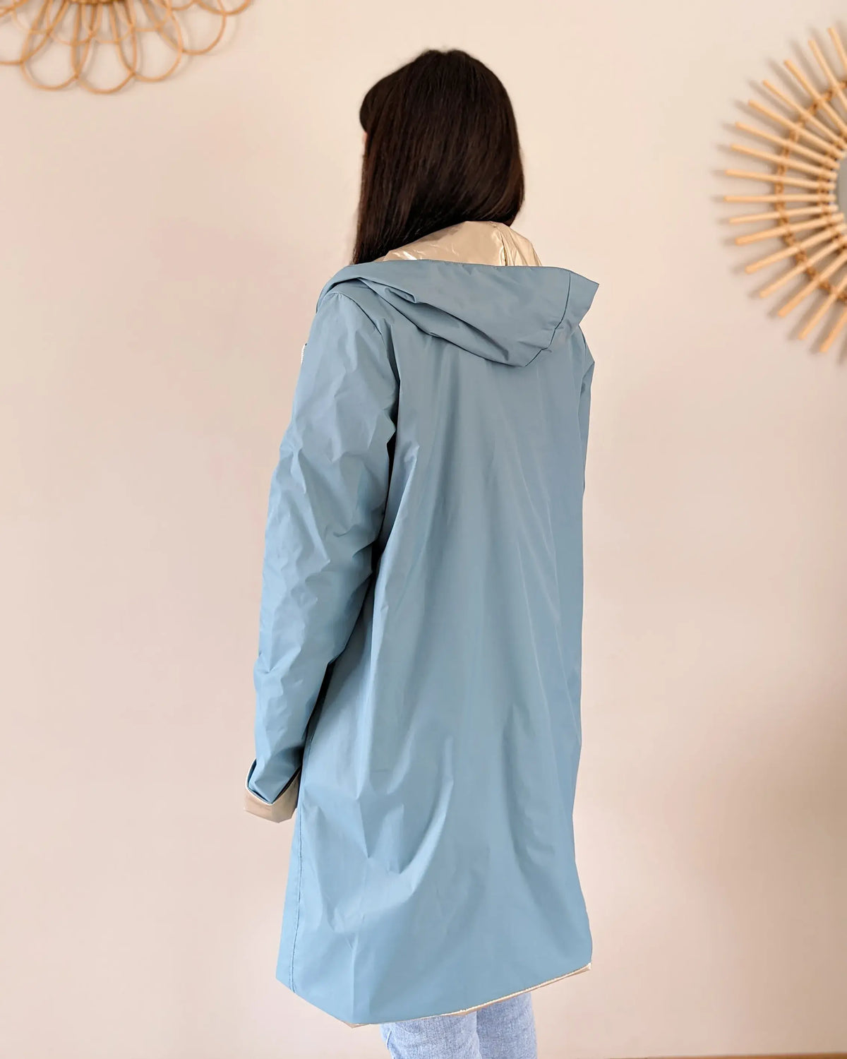 Long Elena Raincoat - Sky Blue/Gold