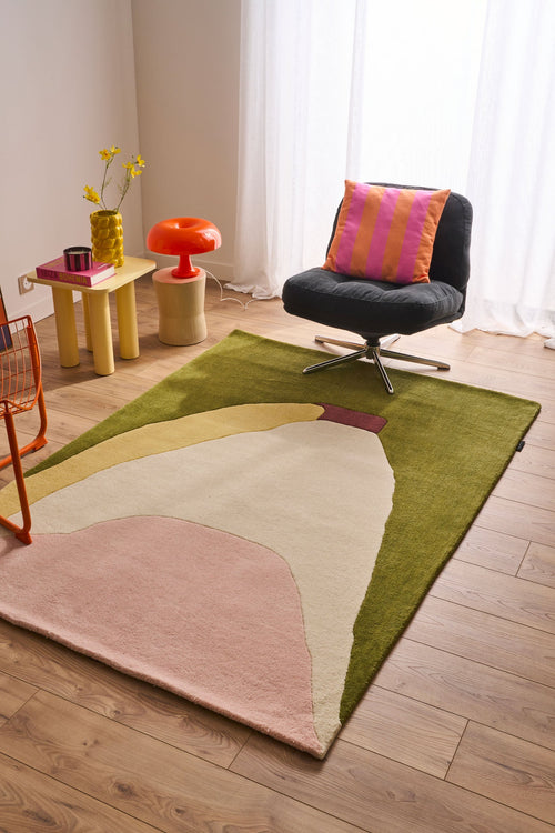 Nuage sucré – Tapis en laine multicolore vert et rose Nuage sucré