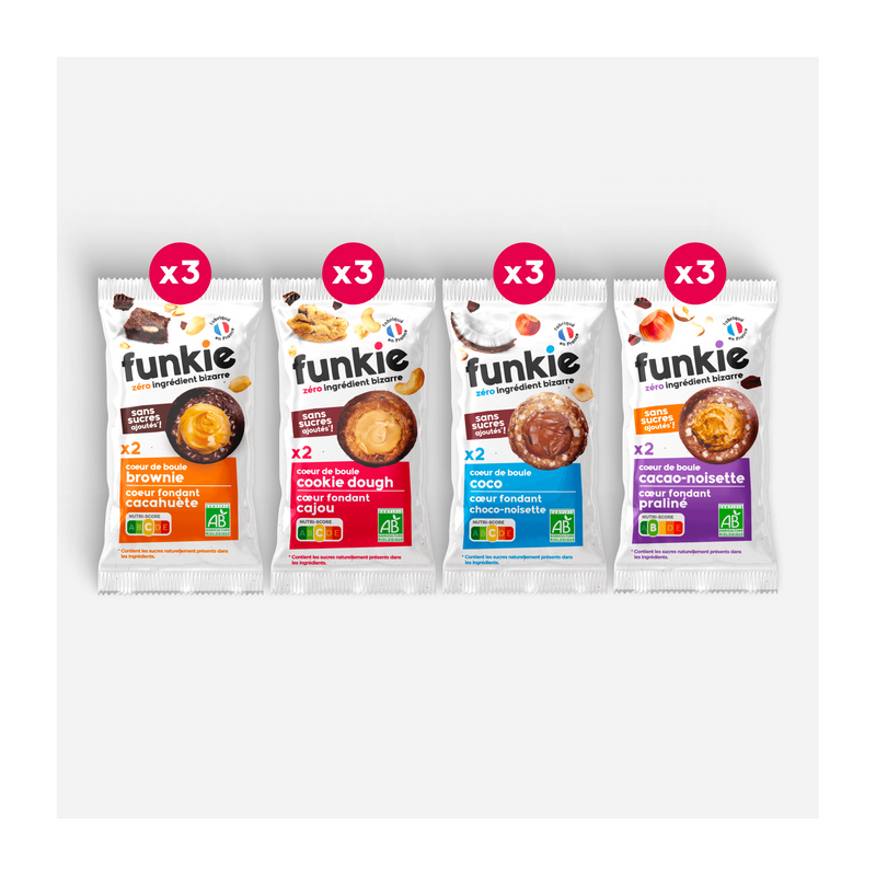 Faites le plein de nos Cœur de Boule, le snack sans sucres ajoutés avec un délicieux cœur fondant.
- 3 Cœur de Boule Brownie cœur fondant cacahuète
- 3 Cœur de Boule Cookie dough cœur fondant cajou
- 3 Cœur de Boule Cacao-noisette cœur fondant praliné
-3 Cœur de Boule Coco cœur fondant choco-noisette