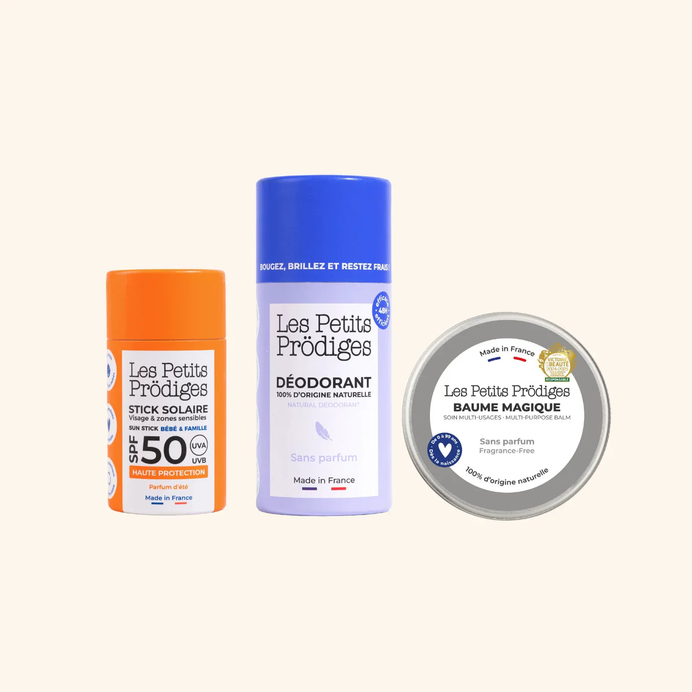 Trio femmes enceintes soins naturels baume magique déodorant sans parfum stick solaire SPF50