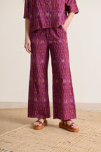 Bas fluide ensemble Garance Paris 100 % coton coloris grenat taille élastique au dos pantalon avec motifs 