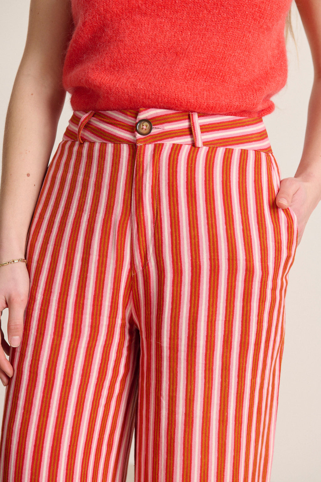 Pantalon taille haute jambes évasées avec rayures poches italiennes marque parisienne Garance Paris 