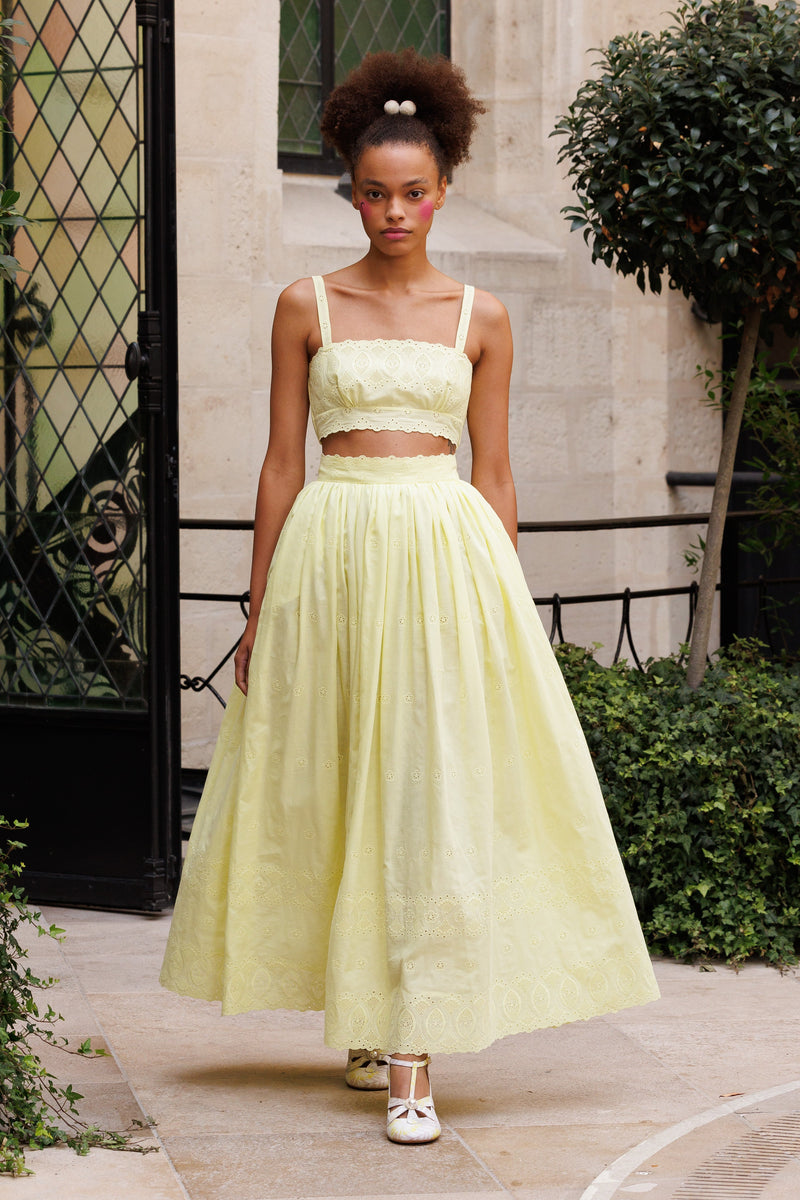 Long skirt in embroidered cotton - yellow
