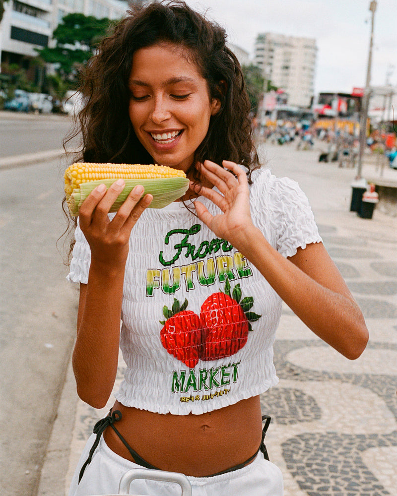 T-Shirt Crop Smocké Imprimé "Market"