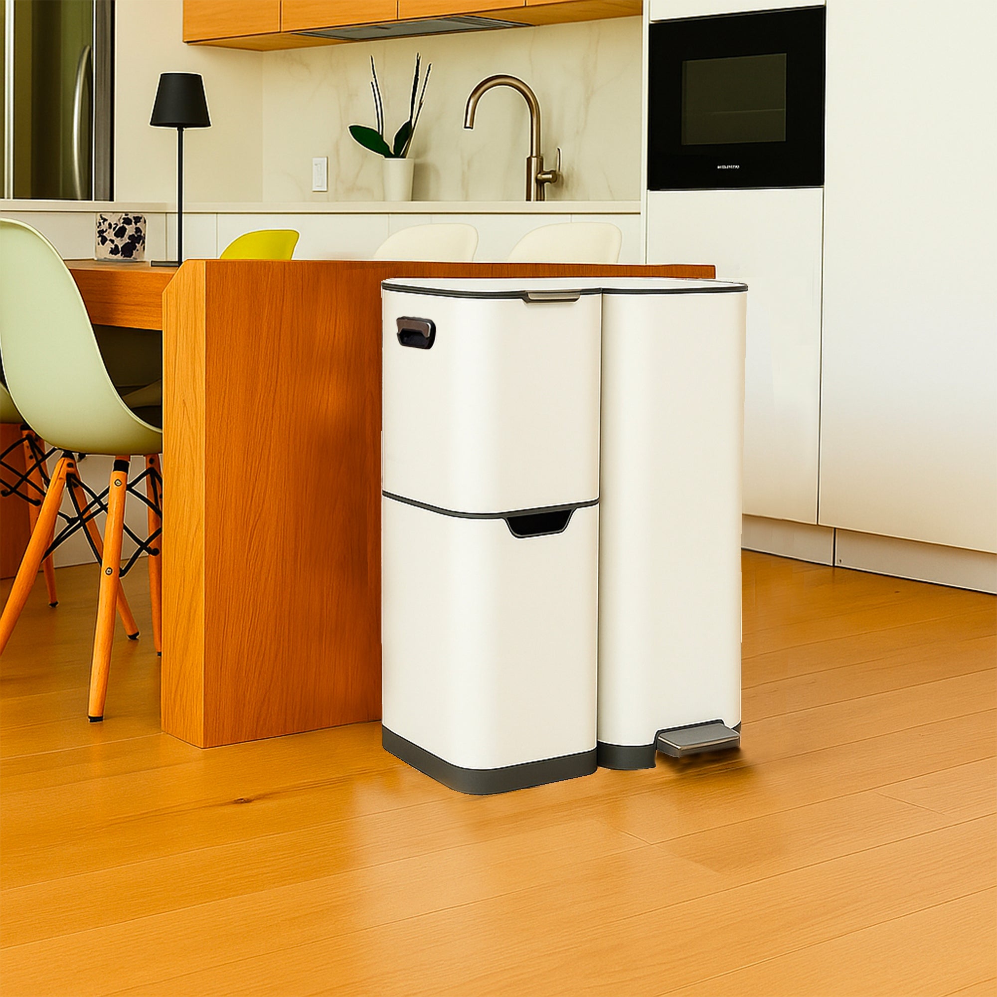 Kitchen trash can with pedal sorting recycling 60L (13+17+30L) HAJA in white stainless steel with bucket