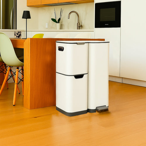 Poubelle de cuisine à pédale tri sélectif recyclage 60L(13+17+30L) HAJA en acier Inox Blanc avec seau