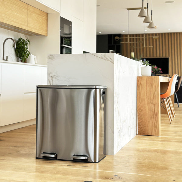 Cubo de basura de cocina con pedal de reciclaje de gran capacidad 60 L (2x30 L) MAJOR en acero inoxidable