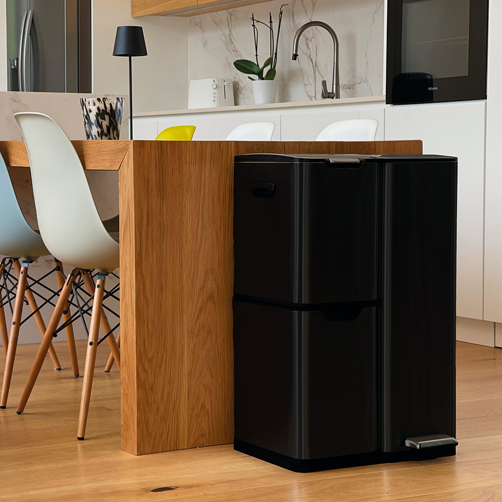 Kitchen trash can with pedal sorting recycling 60L (13+17+30L) HAJA in black stainless steel with bucket