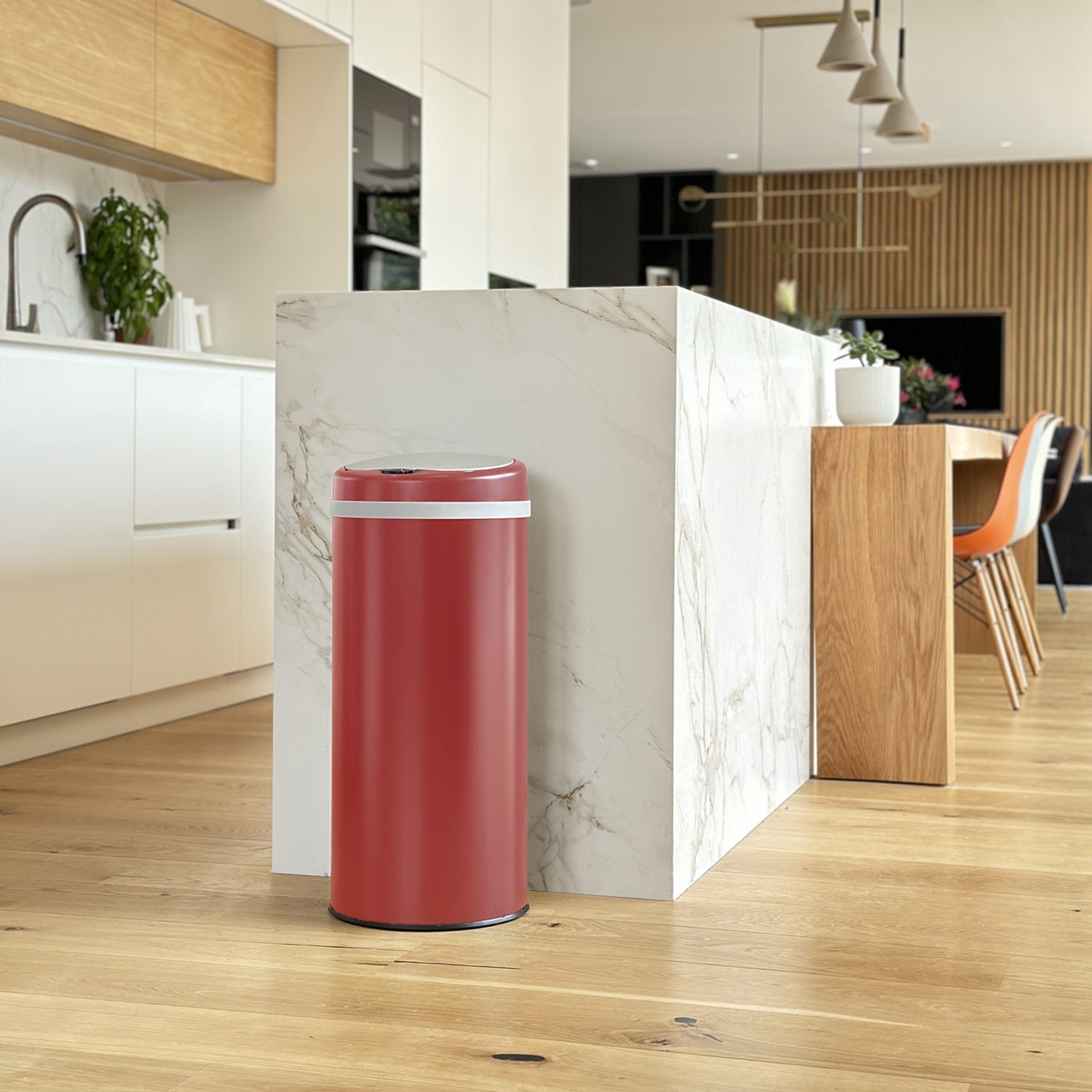 Poubelle de cuisine automatique 42L SOHO Rouge mat en acier INOX avec cerclage