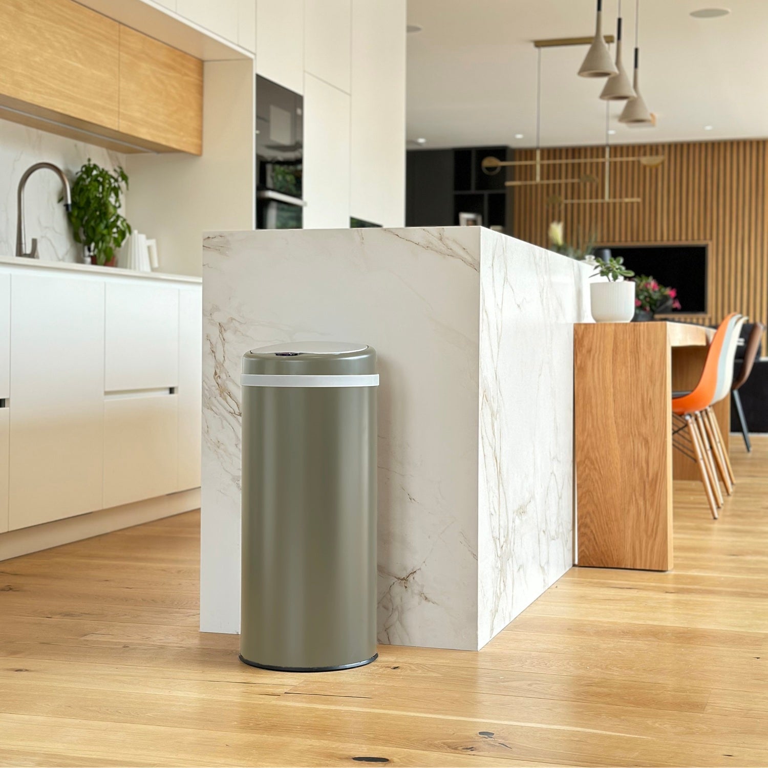 Automatic kitchen trash can 42L SOHO Matt Taupe in stainless steel with strapping