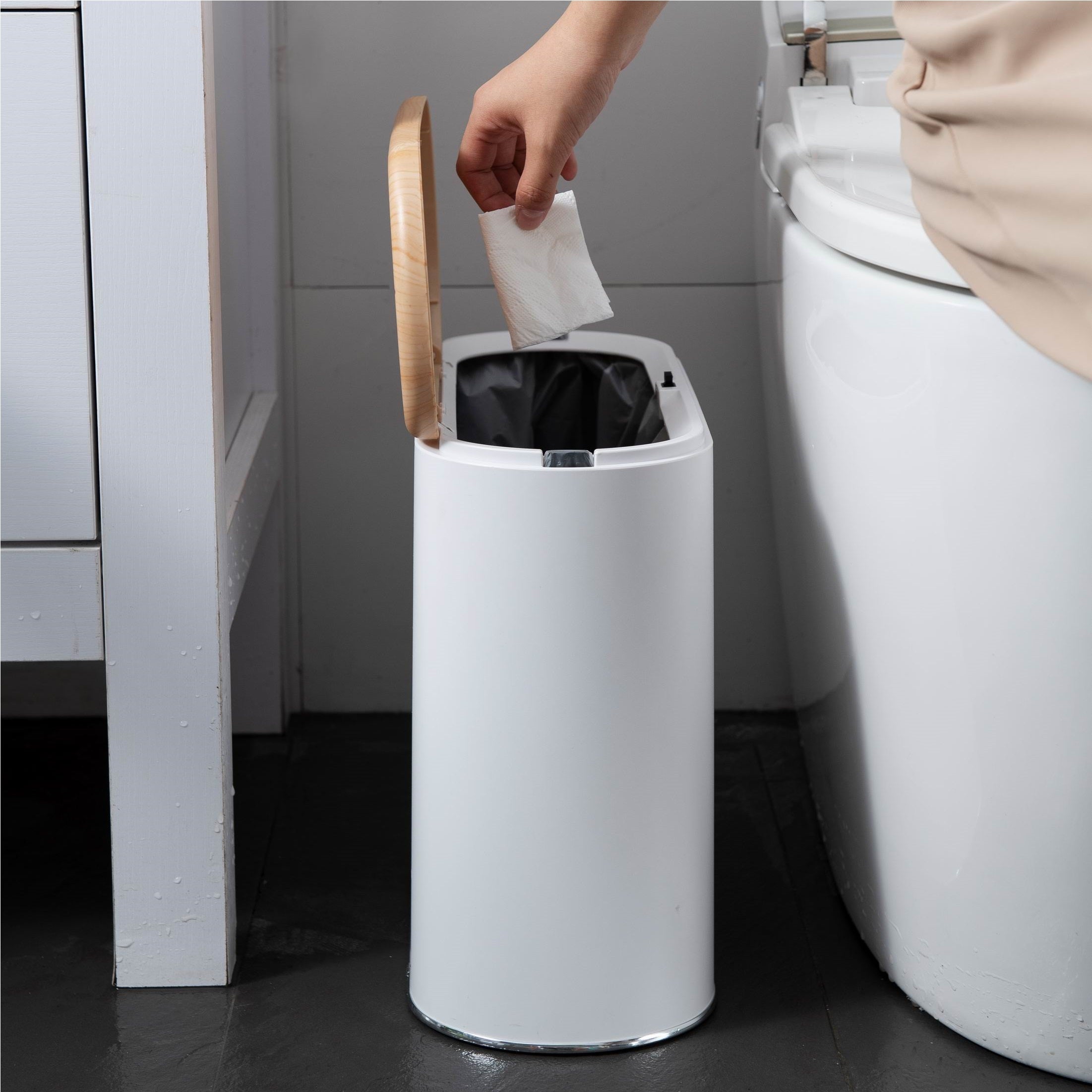 Narrow push bathroom trash can 10L ALDO Wood color with bucket