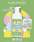 Pschitt Magique Garancia face poster, ranked number 1 in micropeelings, showing a pump bottle, a before/after comparison of skin texture and the labels "Excellent rating on Yuka" and "97% ingredients of natural origin".