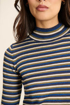 Maille fine composée de polyester, nylon, acrylique, laine mérinos et lurex, douce, chaude et légèrement brillante.