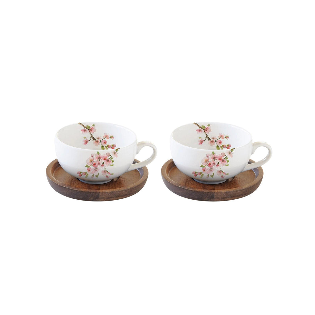 Sakura - Set of 2 Cups with Saucers - Porcelain and Acacia - Multicolour