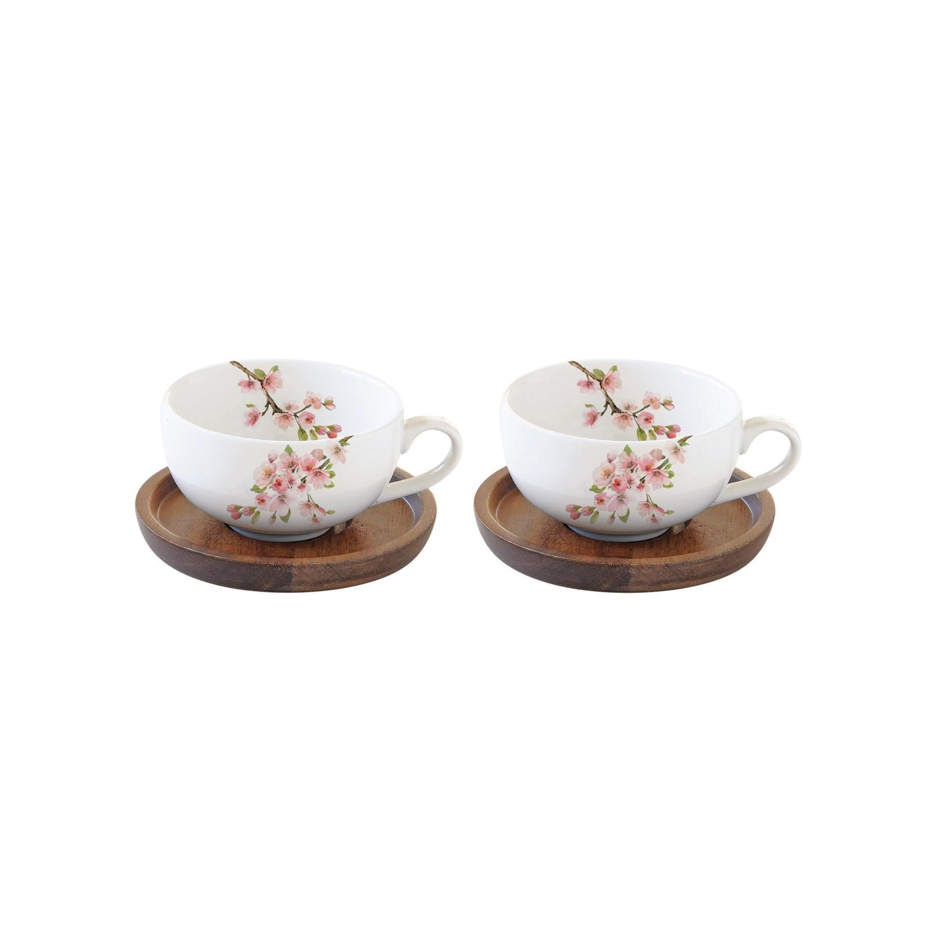 Sakura - Set of 2 Cups with Saucers - Porcelain and Acacia - Multicolour
