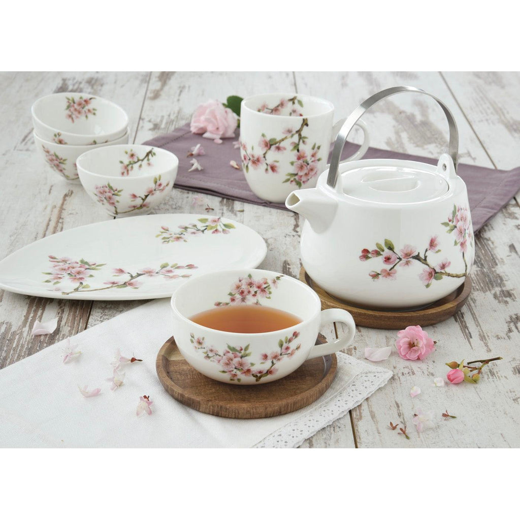 Sakura - Set of 2 Cups with Saucers - Porcelain and Acacia - Multicolour