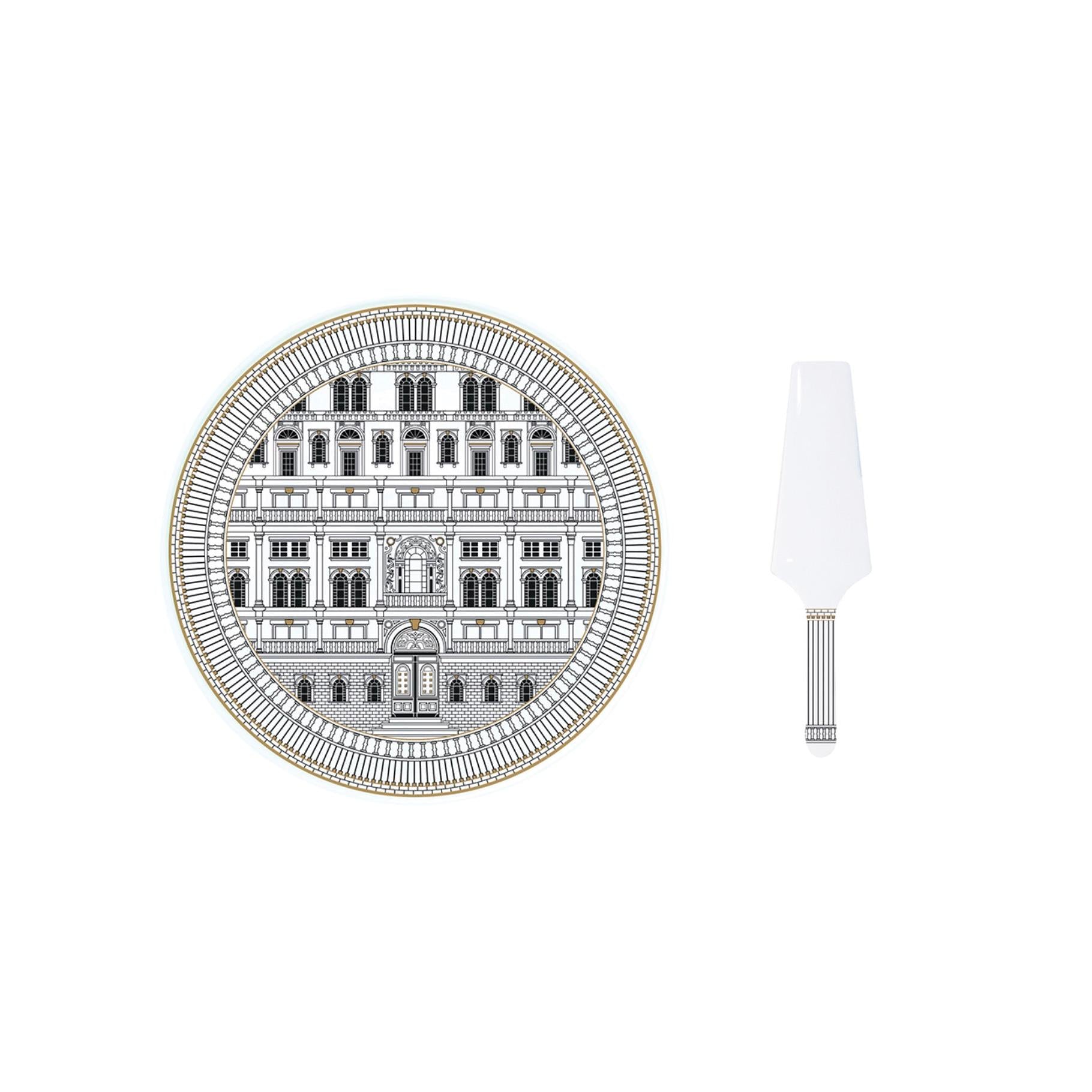 Palazzo - Plat À Gâteau Avec Pelle - Porcelaine - Blanc, Noir Et Or