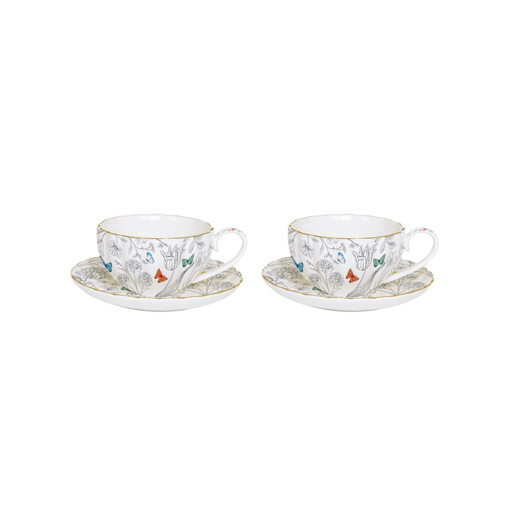 Fleurs Et Papillons - Set De 2 Tasses À Café Avec Soucoupes - Porcelaine - Multicolore