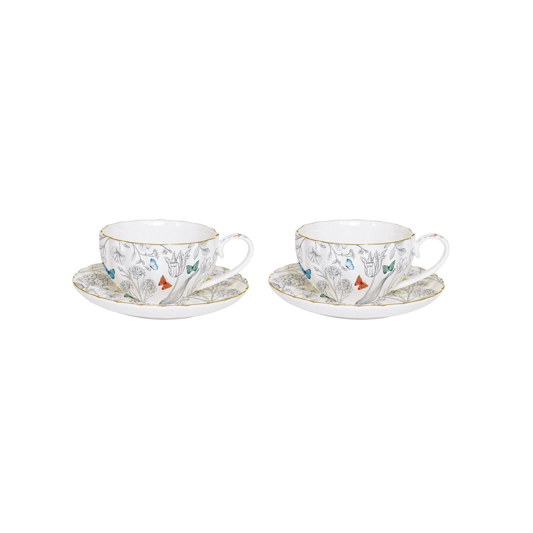 Fleurs Et Papillons - Set De 2 Tasses À Café Avec Soucoupes - Porcelaine - Multicolore