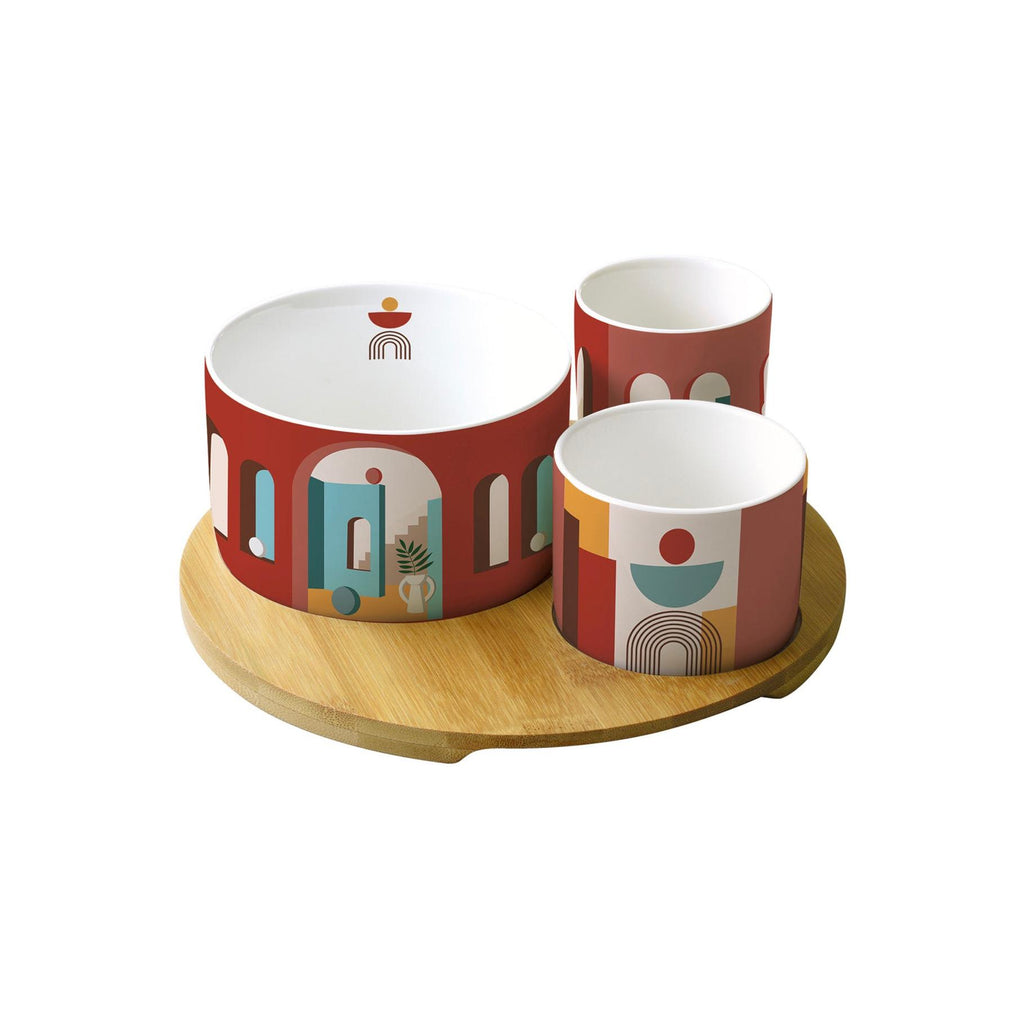 Illusion - Set de Aperitivo Redondo de Bambú con 3 Boles - Porcelana y Bambú - Multicolor